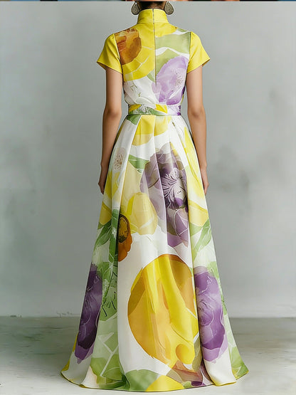 A-Line Loose Pleated Pockets Printed Zipper Stand Collar Maxi Dresses