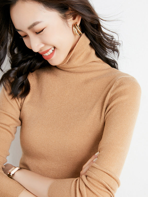 Simple Skinny Long Sleeves Solid Color High-Neck Sweater Tops Pullovers