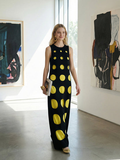 Loose Sleeveless Contrast Color Polka-Dot Split-Joint Round-Neck Maxi Dresses