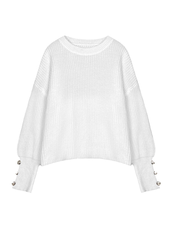 Long Sleeves Loose Buttoned Solid Color Split-Joint Round-Neck Pullovers Sweater Tops