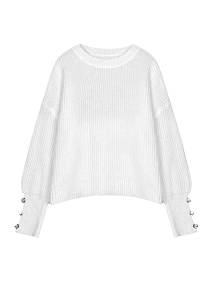 Long Sleeves Loose Buttoned Solid Color Split-Joint Round-Neck Pullovers Sweater Tops