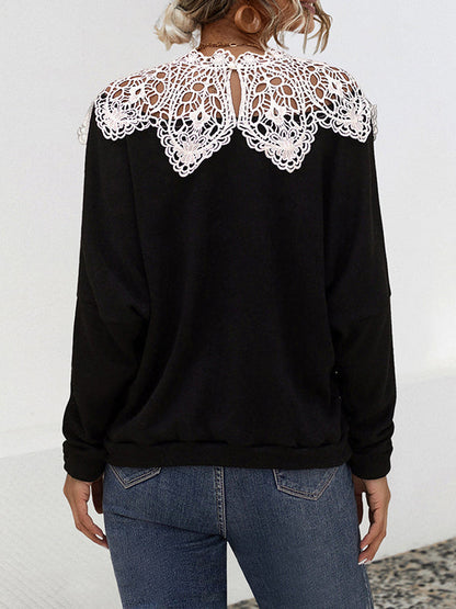 Long Sleeves Loose Hollow Split-Joint Round-Neck Blouses&Shirts Tops