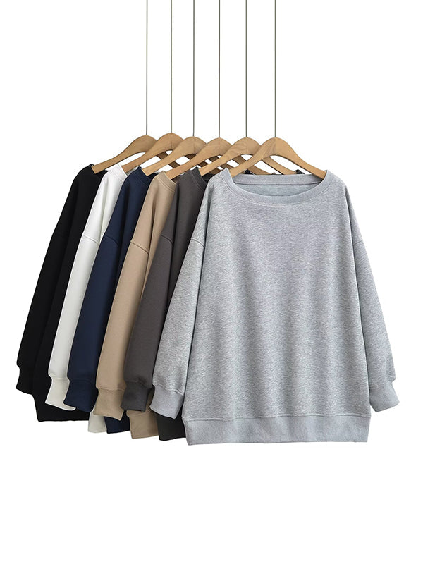 Long Sleeves Loose Solid Color Split-Joint Round-Neck Sweatshirt Tops