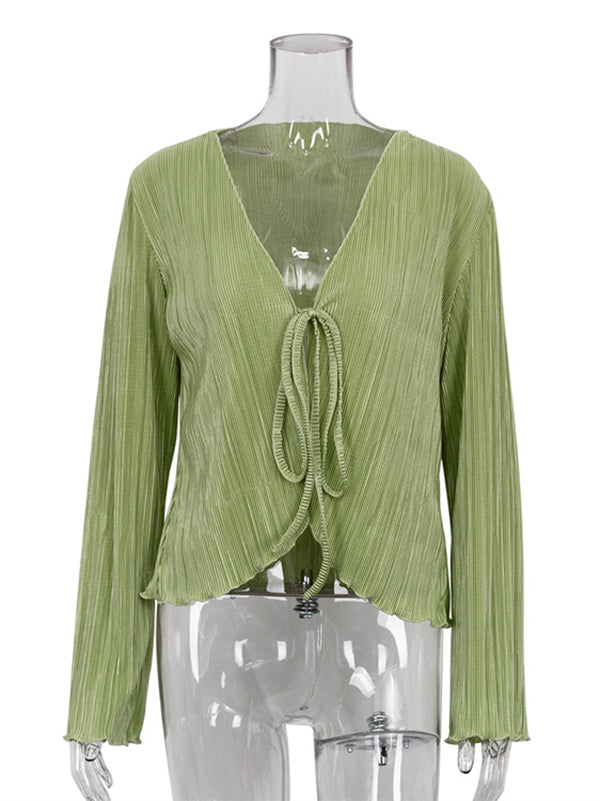 Long Sleeves Loose Lace-Up Pleated Solid Color Split-Joint Deep V-Neck Blouses&Shirts Tops
