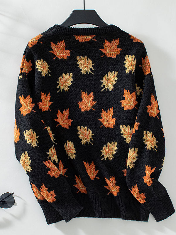 Long Sleeves Loose Contrast Color Jacquard Knitted Leaves Split-Joint Round-Neck Pullovers Sweater Tops