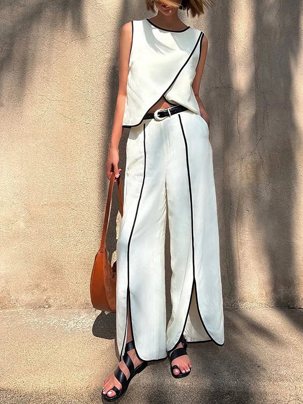 Sleeveless Asymmetric Split-Joint Round-Neck Tank Top