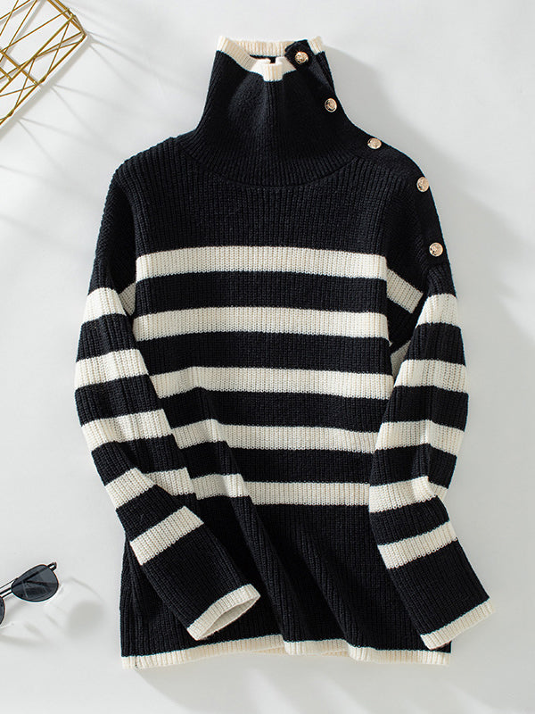 Long Sleeves Loose Buttoned Contrast Color Split-Joint Striped High Neck Pullovers Sweater Tops