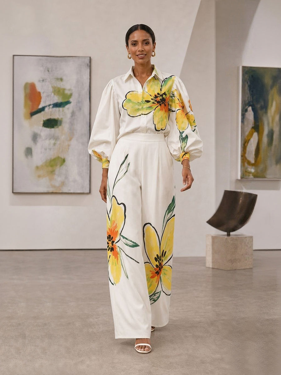 Pockets Flower Print Elasticity Contrast Color Wide Leg Loose Trousers Pants