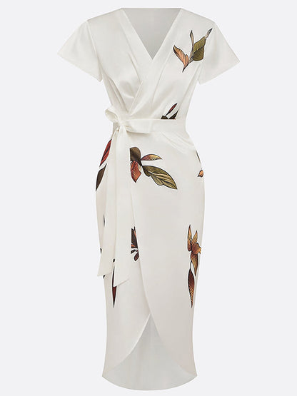 Raglan Sleeve Asymmetric Pleated Printed Split-Joint V-Neck Midi Dresses