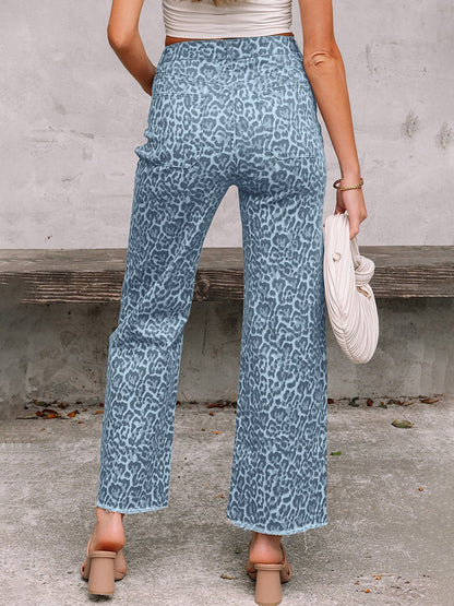 High Waisted Leopard Pockets Jean Pants Bottoms