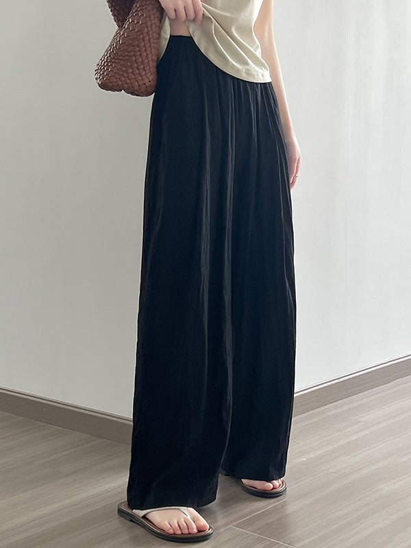 High Waisted Wide Leg Elasticity Pleated Solid Color Casual Pants Bottoms Trousers