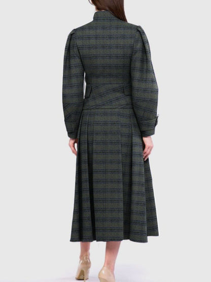 A-Line Long Sleeves Buttoned Plaid Split-Joint Stand Collar Sets Two-Piece Sets