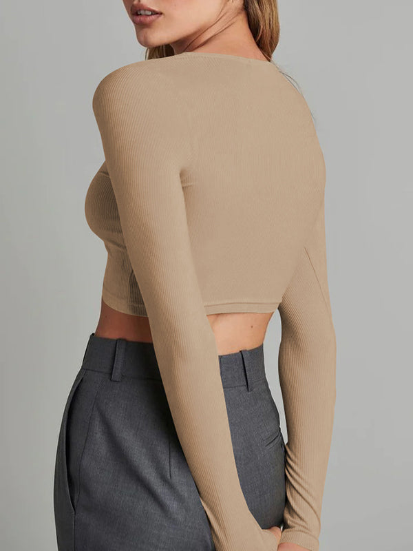 Long Sleeves Skinny Buttoned Solid Color Round-Neck Cardigan Tops