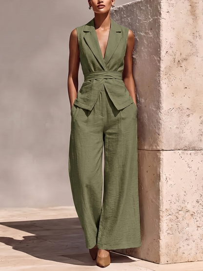 Solid Color Notched Collar Tied Sleeveless Vest Top + High Waisted Pockets Pants Trousers Two Pieces Set