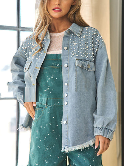 High-Low Long Sleeves Fringed Split-Joint Lapel Denim Jackets