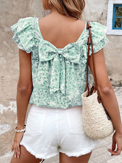 Ruffle Sleeves Short Sleeves Backless Bow-Embellished Flower Print Pleated Square-Neck Blouses&Shirts Tops