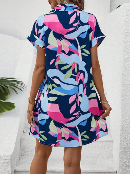 Short Sleeves Buttoned Contrast Color Printed Lapel Mini Dresses Shirt Dress