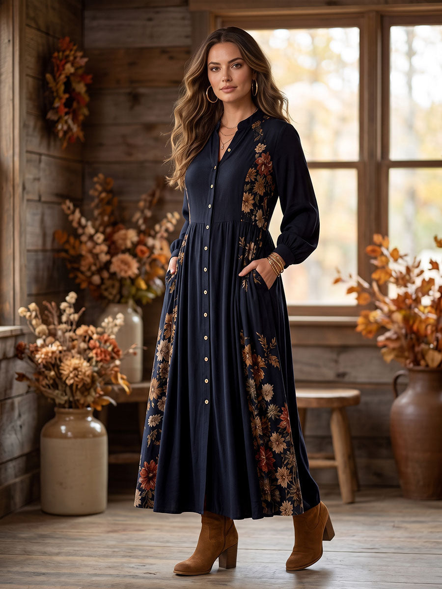 Pockets Pleated Flower Print Contrast Color Buttoned Loose Long Sleeves Round-neck Maxi Dresses