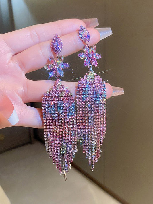 Flower Shape Gradient Rhine Stones Tasseled Drop Earrings
