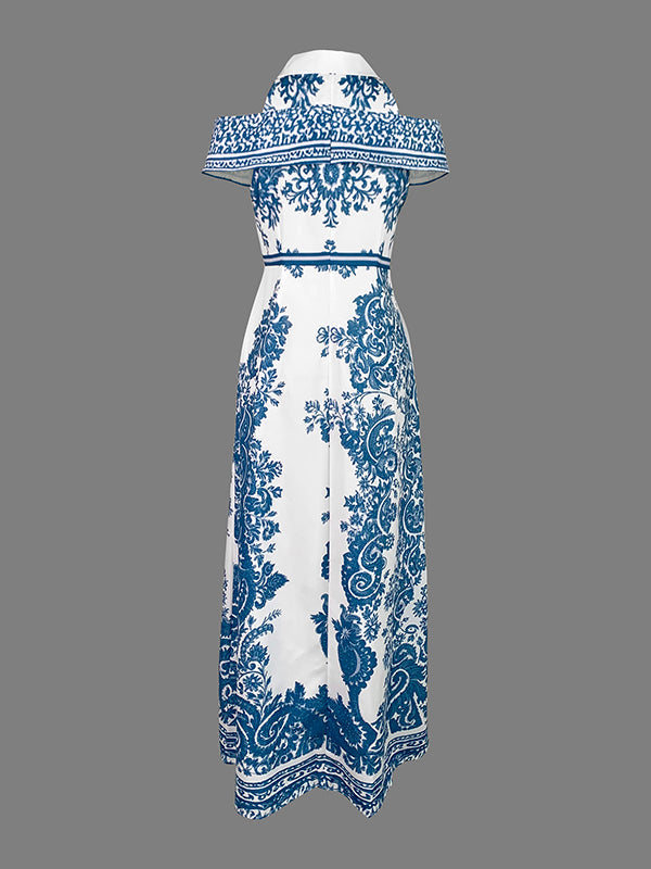 Bodycon High Waisted Flower Print Hollow Pockets Cold Shoulder Maxi Dresses