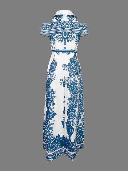Bodycon High Waisted Flower Print Hollow Pockets Cold Shoulder Maxi Dresses