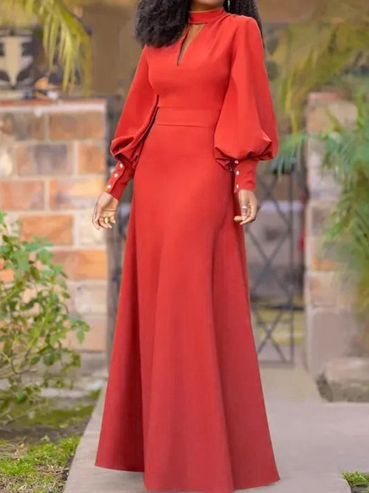 Long Sleeves Loose Buttoned Hollow Solid Color Split-Joint Round-Neck Maxi Dresses