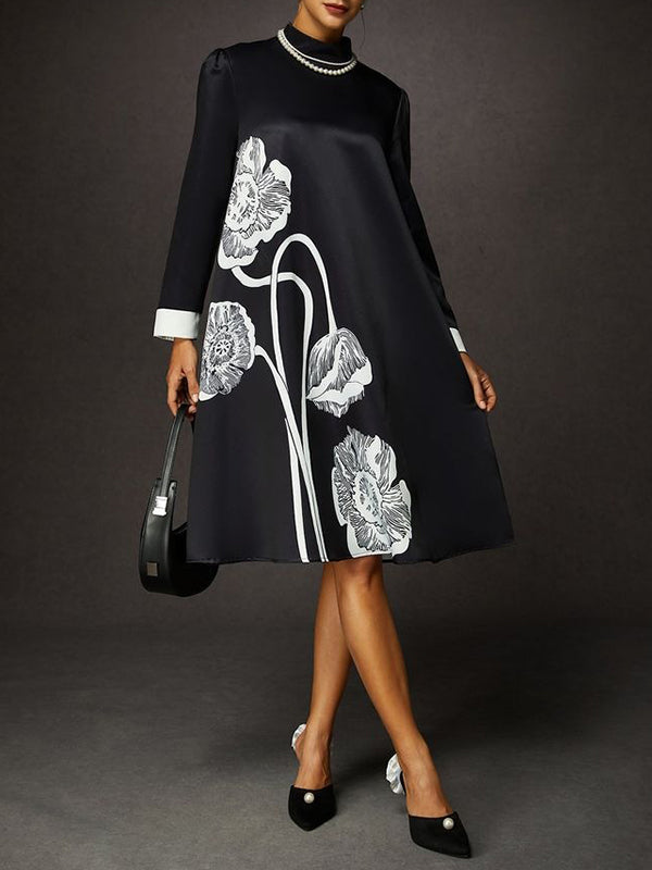 A-Line Long Sleeves Contrast Color Floral Printed Split-Joint High Neck Midi Dresses