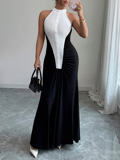 High Waisted Sleeveless Buttoned Contrast Color Pleated Split-Joint Halter-Neck Maxi Dresses
