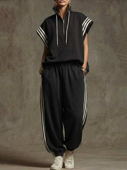 Loose Sleeveless Contrast Color Drawstring Split-Joint Striped Zipper Mock Neck Blouses&Shirts Tops