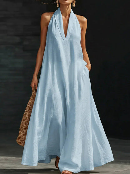 A-Line Loose Pockets Solid Color V-Neck Maxi Dresses