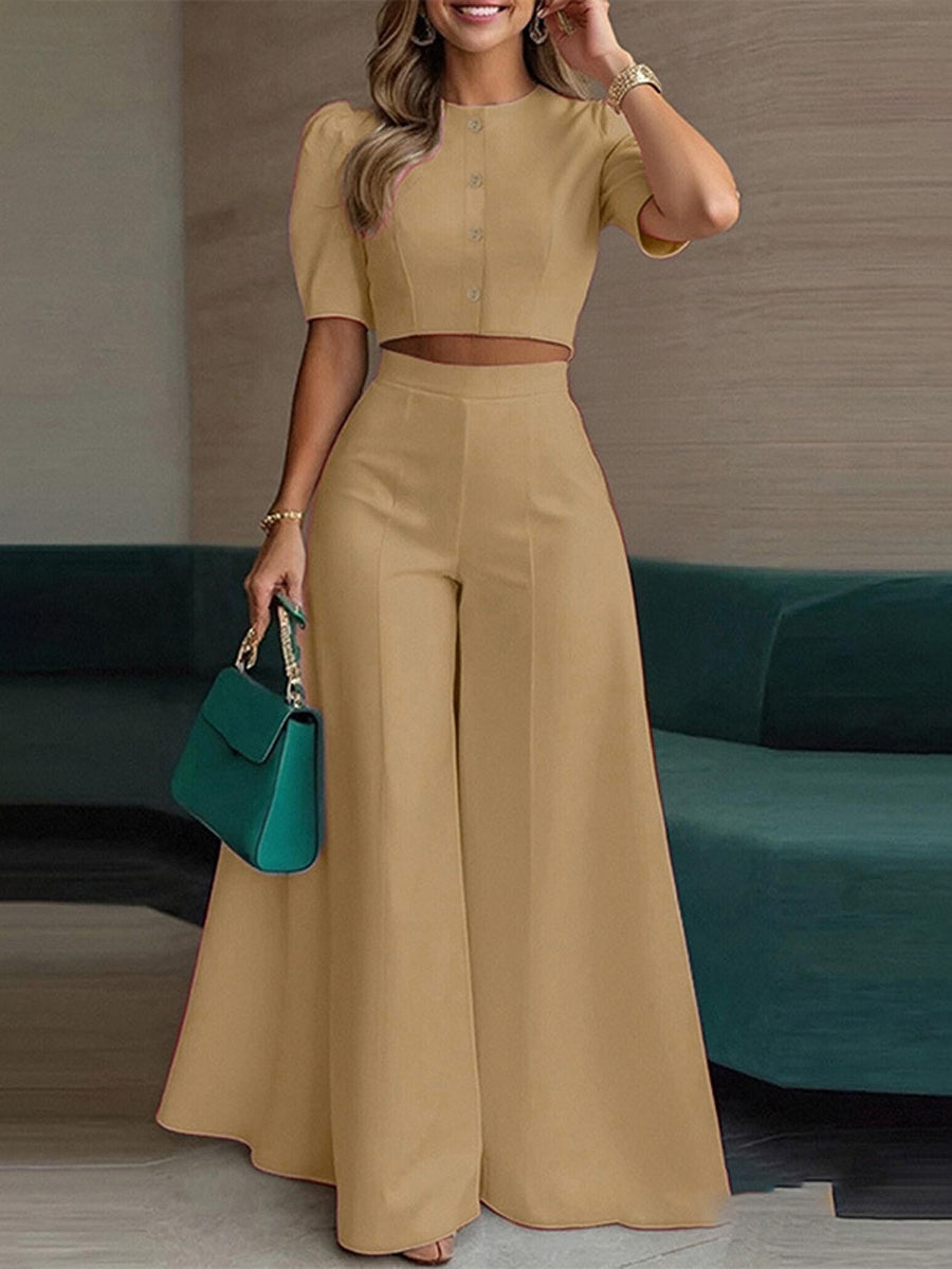 High Waisted Loose Buttoned Solid Color Round-Neck Blouses Top + Pants Bottom Two Pieces Set