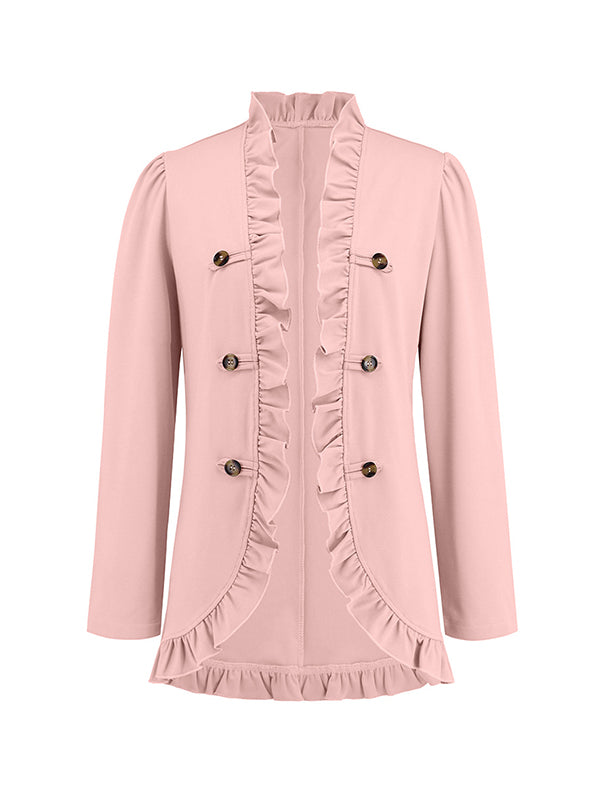 Long Sleeves Loose Buttoned Ruffled Collarless Outerwear