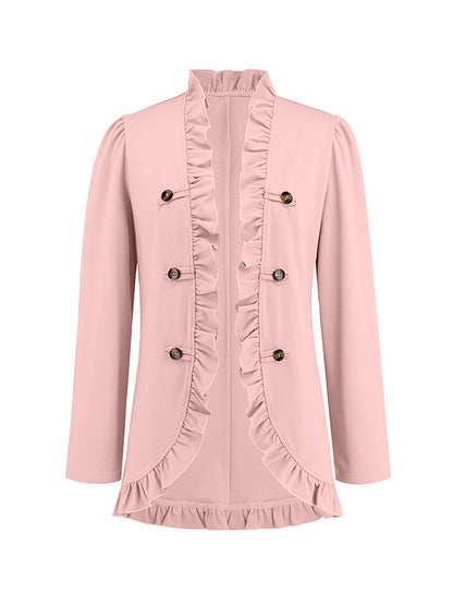 Long Sleeves Loose Buttoned Ruffled Collarless Outerwear