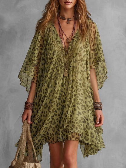 Batwing Sleeves Half Sleeves Asymmetric Contrast Color Leopard Ruffle Trim See-Through Deep V-Neck Mini Dresses