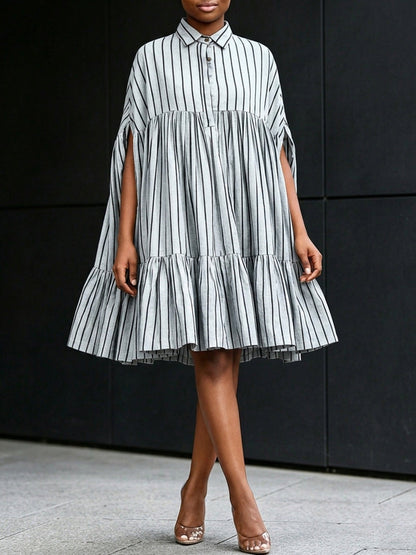 A-Line Batwing Sleeves Buttoned Contrast Color Pleated Ruffle Trim Split-Joint Striped Lapel Midi Dresses