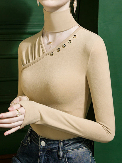 Long Sleeves Skinny Buttoned Hollow Pleated Split-Joint High Neck T-Shirts Tops