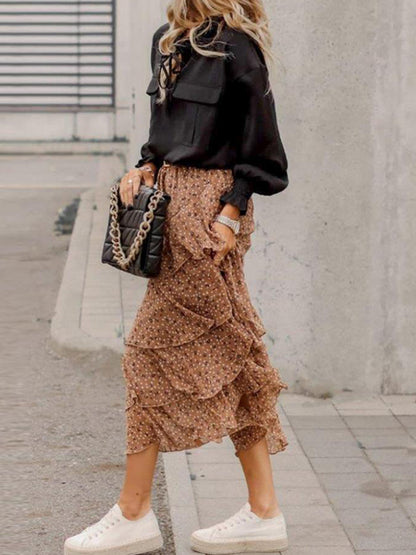 Long Sleeves Loose Hollow Lace-Up Pleated Solid Color Split-Joint V-Neck Blouses