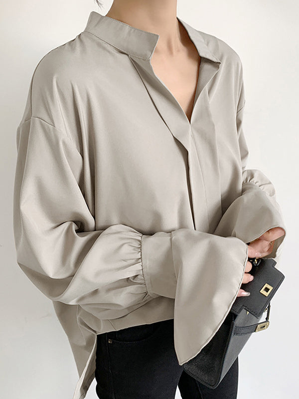 Flared Sleeves High-Low Buttoned Solid Color Split-Side V-Neck Blouses&Shirts Tops