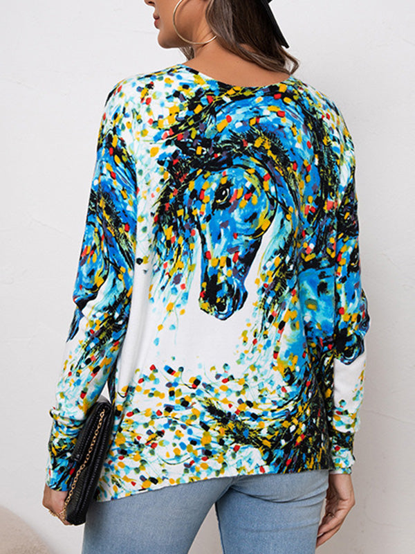 Long Sleeves Loose Printed Round-Neck Knitwear Pullovers Sweater Tops