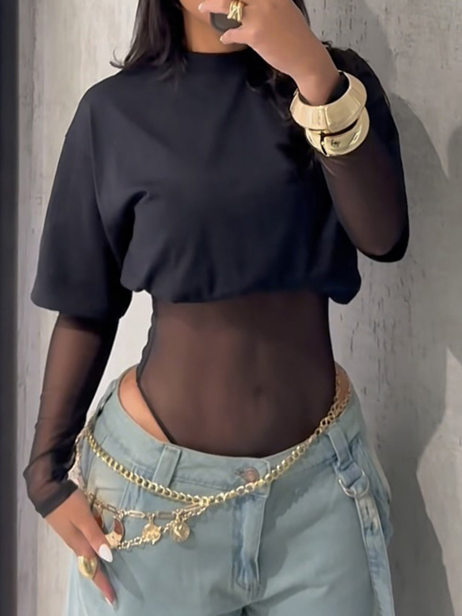 Solid Color See-Through Long Sleeves High Waisted Round-neck Bodysuits
