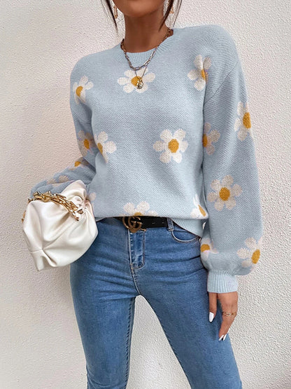 Long Sleeves Loose Contrast Color Floral Printed Split-Joint Round-Neck Sweater Tops