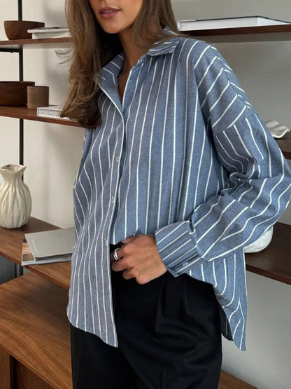 Long Sleeves Loose Buttoned Contrast Color Split-Joint Striped Lapel Blouses&Shirts Tops