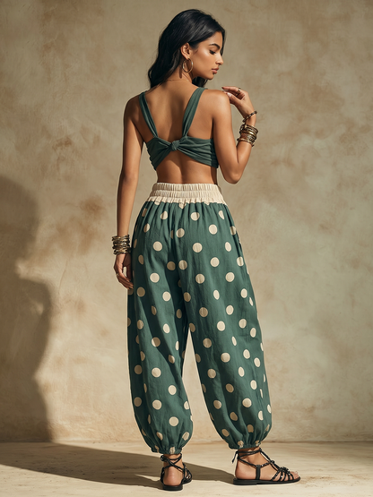 High Waisted Wide Leg Contrast Color Drawstring Elasticity Pockets Polka Dot Ankle-Tied Pants Trousers