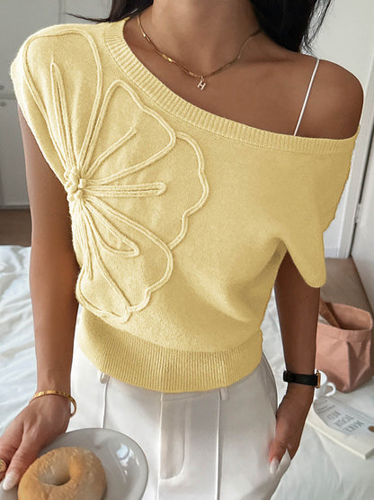 Short Sleeves Flower-Embellished Solid Color Split-Joint One-Shoulder Sweater Tops