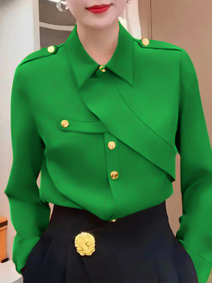 Long Sleeves Loose Asymmetric Buttoned Lapel Blouses&Shirts Tops