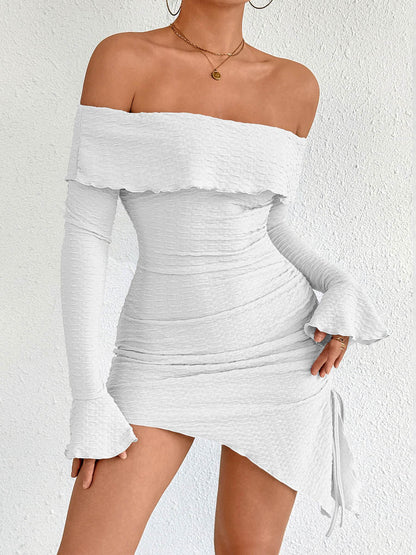 Bodycon High Waisted Asymmetric Drawstring Pleated Solid Color Split-Joint Off-The-Shoulder Mini Dresses