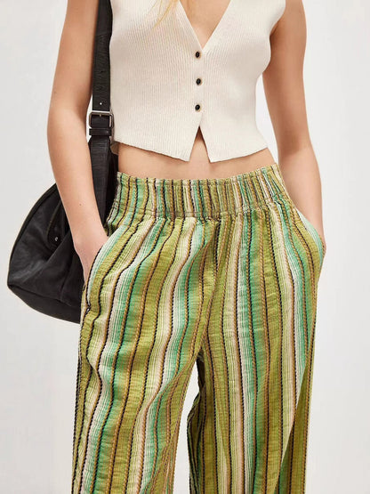 Elasticated Waist High Waisted Contrast Color Printed Split-Joint Striped Pants