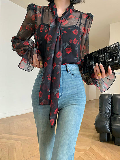 Flared Sleeves Long Sleeves Elasticity Flower Print Mesh Tied V-Neck Blouses&Shirts Tops