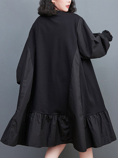 Loose Puff Sleeves Pleated Solid Color Split-Joint Round-neck Midi Dresses