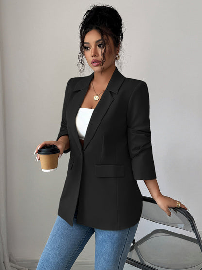 Long Sleeves Loose Buttoned Pockets Solid Color Notched Collar Blazer Outerwear